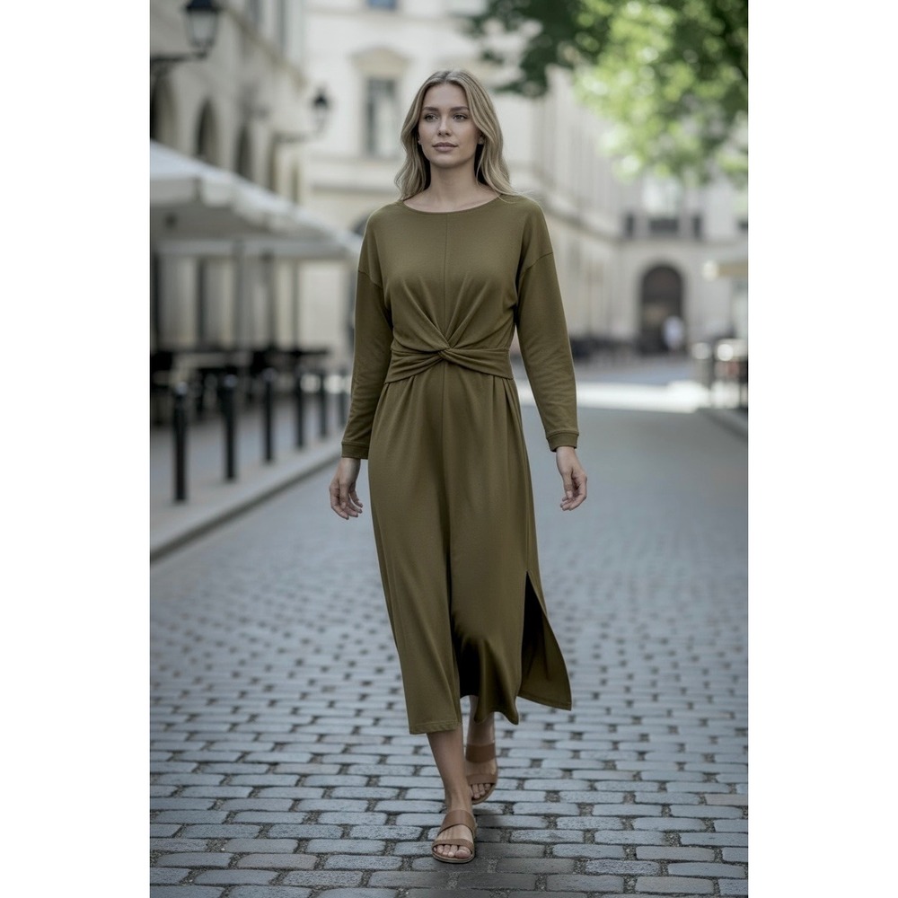 Modern Citizen Jersey Organic Cotton Olive Green Tie‎ Waist Midi dress sz XL